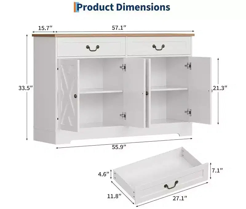CuisinSmart Buffet de salle à manger moderne de style fermier de 145 cm avec 2 tiroirs et étagères réglables, organisateur de bar à café pour salon