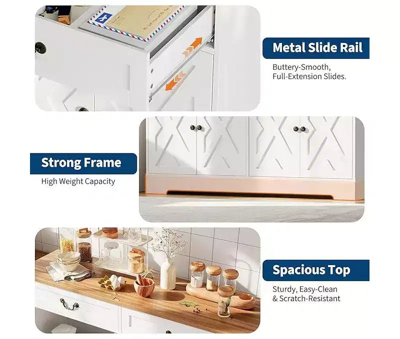 CuisinSmart Buffet de salle à manger moderne de style fermier de 145 cm avec 2 tiroirs et étagères réglables, organisateur de bar à café pour salon