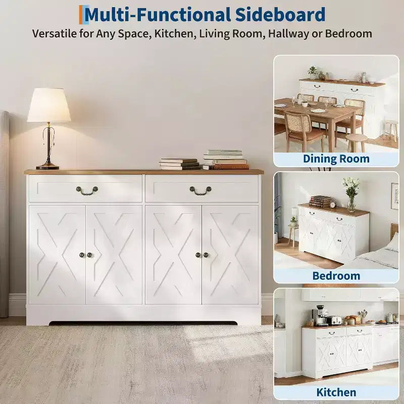 CuisinSmart Buffet de salle à manger moderne de style fermier de 145 cm avec 2 tiroirs et étagères réglables, organisateur de bar à café pour salon
