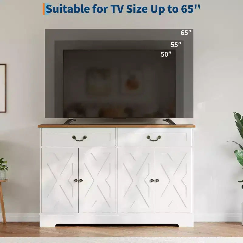CuisinSmart Buffet de salle à manger moderne de style fermier de 145 cm avec 2 tiroirs et étagères réglables, organisateur de bar à café pour salon