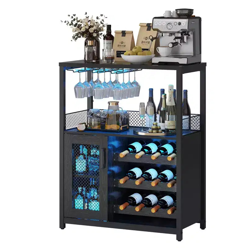 Mobile Bar a 3 Livelli con Portabottiglie e Porta Bicchieri Regolabili, Credenza Moderna con Ante Chiudibili a Chiave