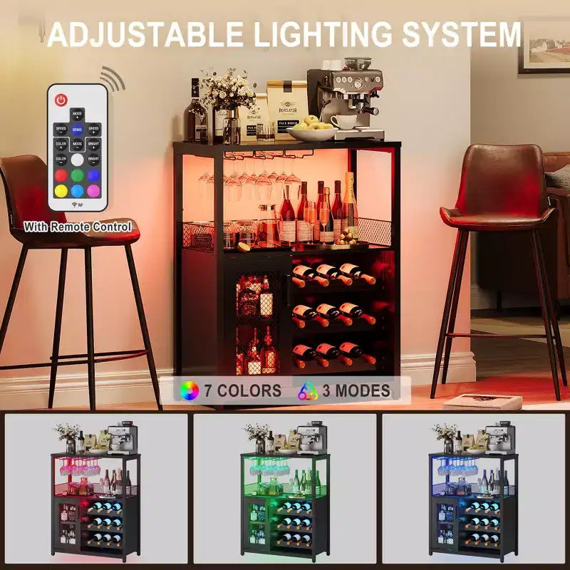 Mobile Bar a 3 Livelli con Portabottiglie e Porta Bicchieri Regolabili, Credenza Moderna con Ante Chiudibili a Chiave