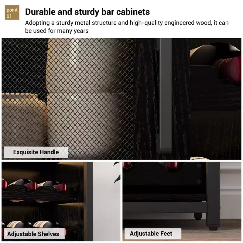 Mobile Bar a 3 Livelli con Portabottiglie e Porta Bicchieri Regolabili, Credenza Moderna con Ante Chiudibili a Chiave
