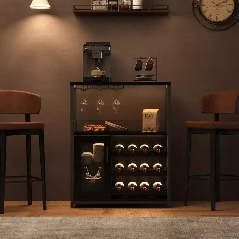Mobile Bar a 3 Livelli con Portabottiglie e Porta Bicchieri Regolabili, Credenza Moderna con Ante Chiudibili a Chiave