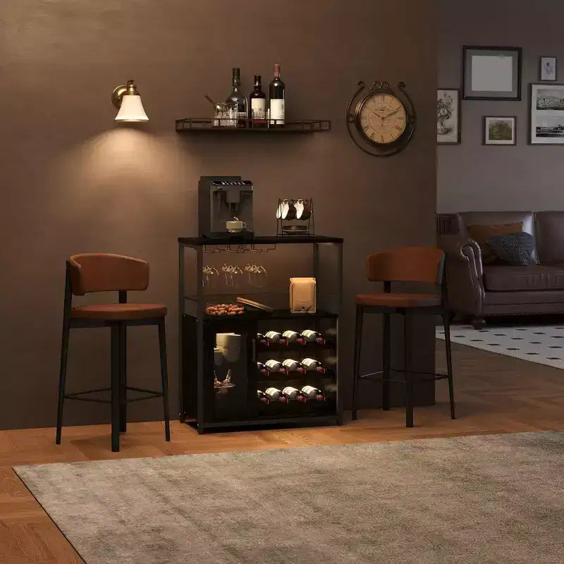 Mobile Bar a 3 Livelli con Portabottiglie e Porta Bicchieri Regolabili, Credenza Moderna con Ante Chiudibili a Chiave