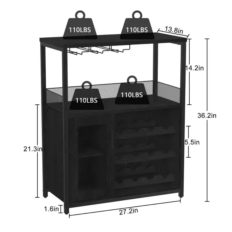 Mobile Bar a 3 Livelli con Portabottiglie e Porta Bicchieri Regolabili, Credenza Moderna con Ante Chiudibili a Chiave