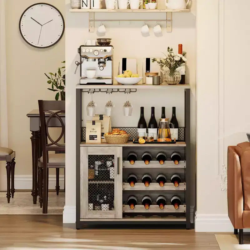 Mobile Bar a 3 Livelli con Portabottiglie e Porta Bicchieri Regolabili, Credenza Moderna con Ante Chiudibili a Chiave