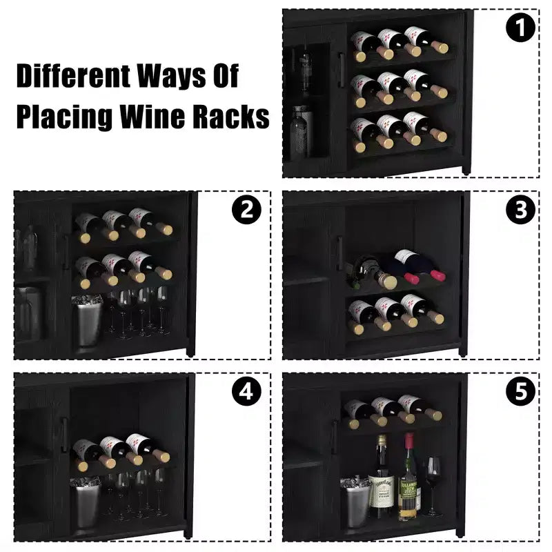 Mobile Bar a 3 Livelli con Portabottiglie e Porta Bicchieri Regolabili, Credenza Moderna con Ante Chiudibili a Chiave
