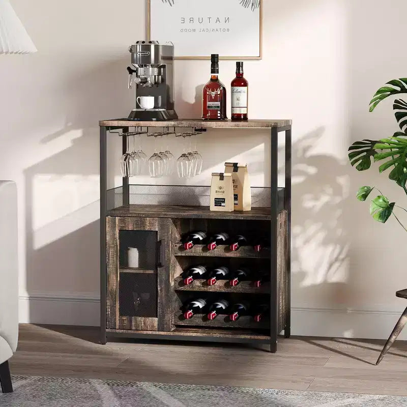 Mobile Bar a 3 Livelli con Portabottiglie e Porta Bicchieri Regolabili, Credenza Moderna con Ante Chiudibili a Chiave