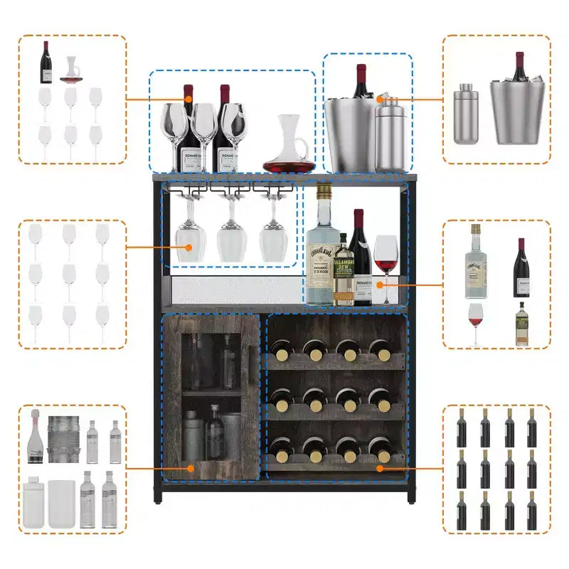 Mobile Bar a 3 Livelli con Portabottiglie e Porta Bicchieri Regolabili, Credenza Moderna con Ante Chiudibili a Chiave