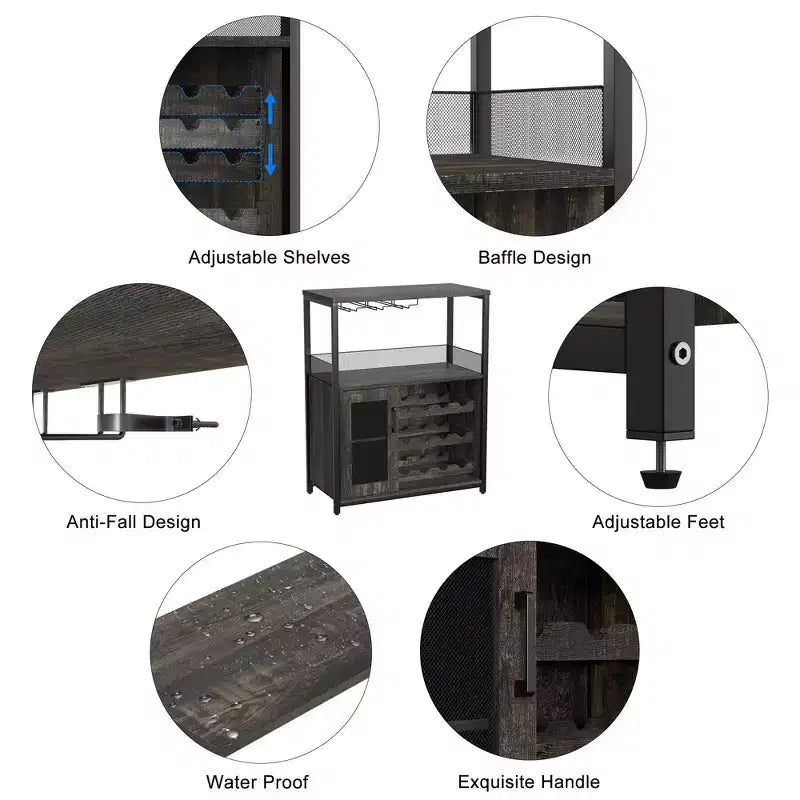 Mobile Bar a 3 Livelli con Portabottiglie e Porta Bicchieri Regolabili, Credenza Moderna con Ante Chiudibili a Chiave