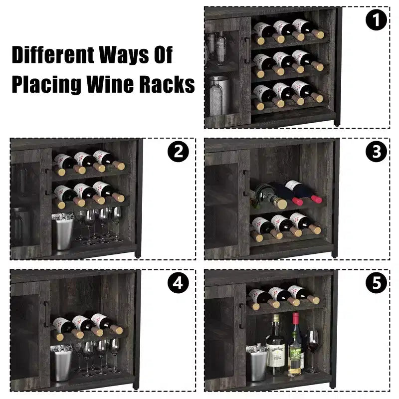 Mobile Bar a 3 Livelli con Portabottiglie e Porta Bicchieri Regolabili, Credenza Moderna con Ante Chiudibili a Chiave