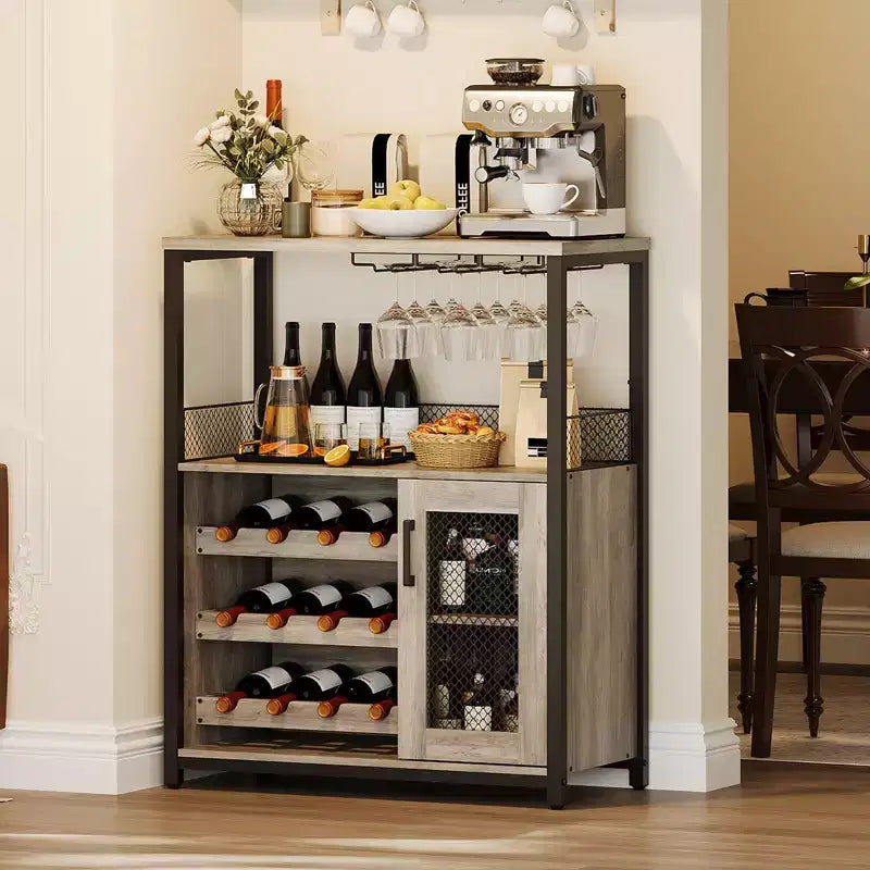 Mobile Bar a 3 Livelli con Portabottiglie e Porta Bicchieri Regolabili, Credenza Moderna con Ante Chiudibili a Chiave