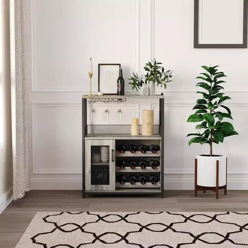 Mobile Bar a 3 Livelli con Portabottiglie e Porta Bicchieri Regolabili, Credenza Moderna con Ante Chiudibili a Chiave