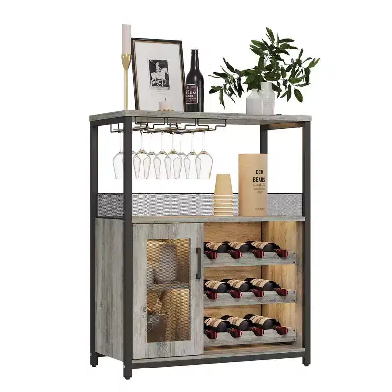 Mobile Bar a 3 Livelli con Portabottiglie e Porta Bicchieri Regolabili, Credenza Moderna con Ante Chiudibili a Chiave
