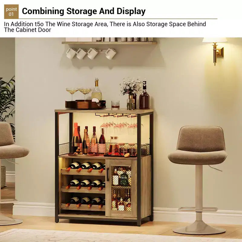 Mobile Bar a 3 Livelli con Portabottiglie e Porta Bicchieri Regolabili, Credenza Moderna con Ante Chiudibili a Chiave