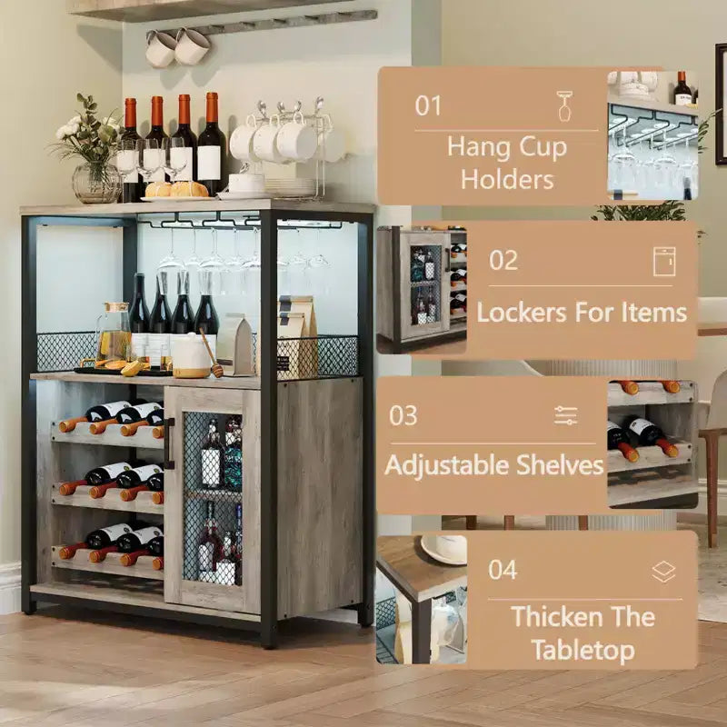 Mobile Bar a 3 Livelli con Portabottiglie e Porta Bicchieri Regolabili, Credenza Moderna con Ante Chiudibili a Chiave