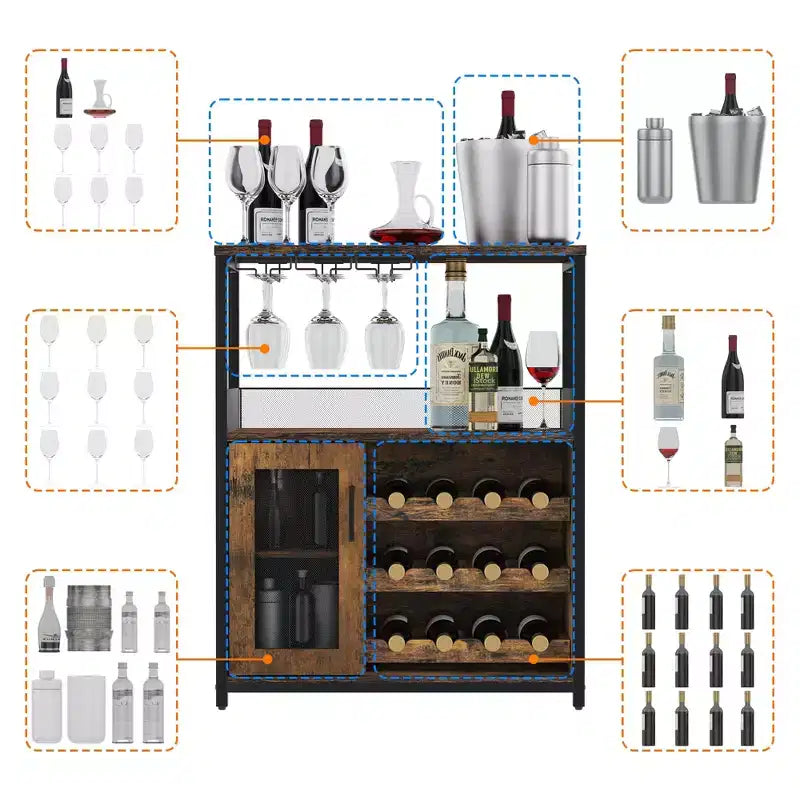 Mobile Bar a 3 Livelli con Portabottiglie e Porta Bicchieri Regolabili, Credenza Moderna con Ante Chiudibili a Chiave
