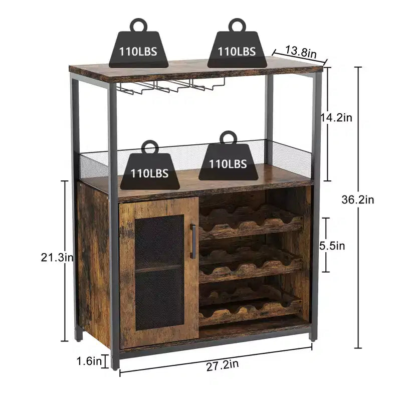 Mobile Bar a 3 Livelli con Portabottiglie e Porta Bicchieri Regolabili, Credenza Moderna con Ante Chiudibili a Chiave
