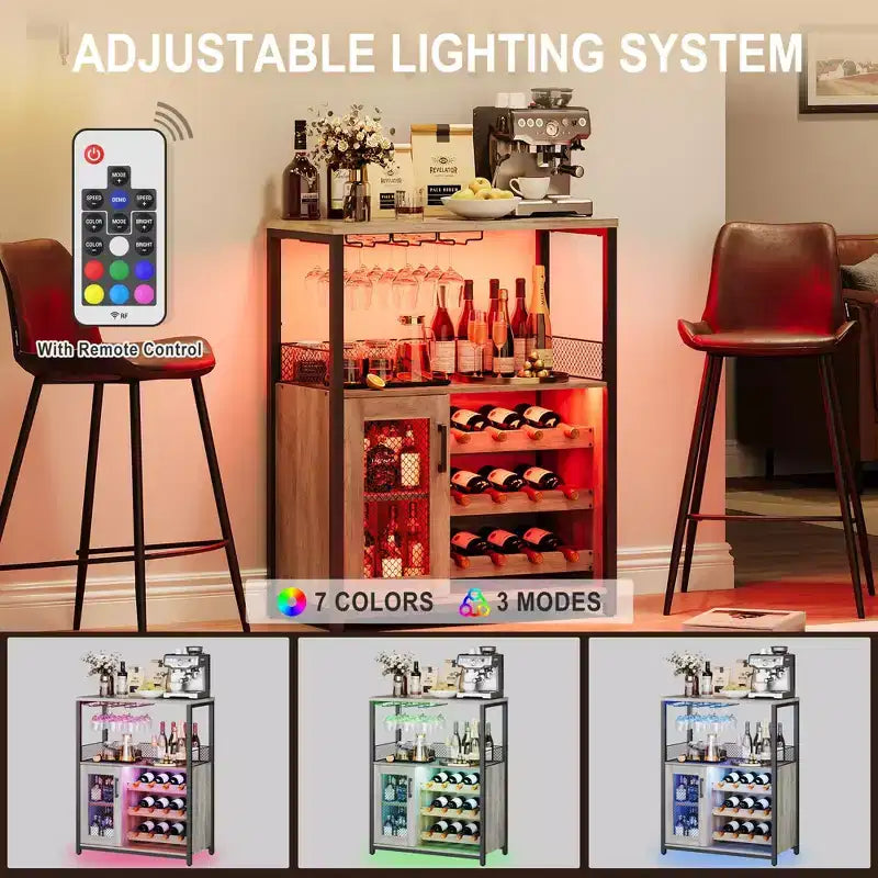 Mobile Bar a 3 Livelli con Portabottiglie e Porta Bicchieri Regolabili, Credenza Moderna con Ante Chiudibili a Chiave