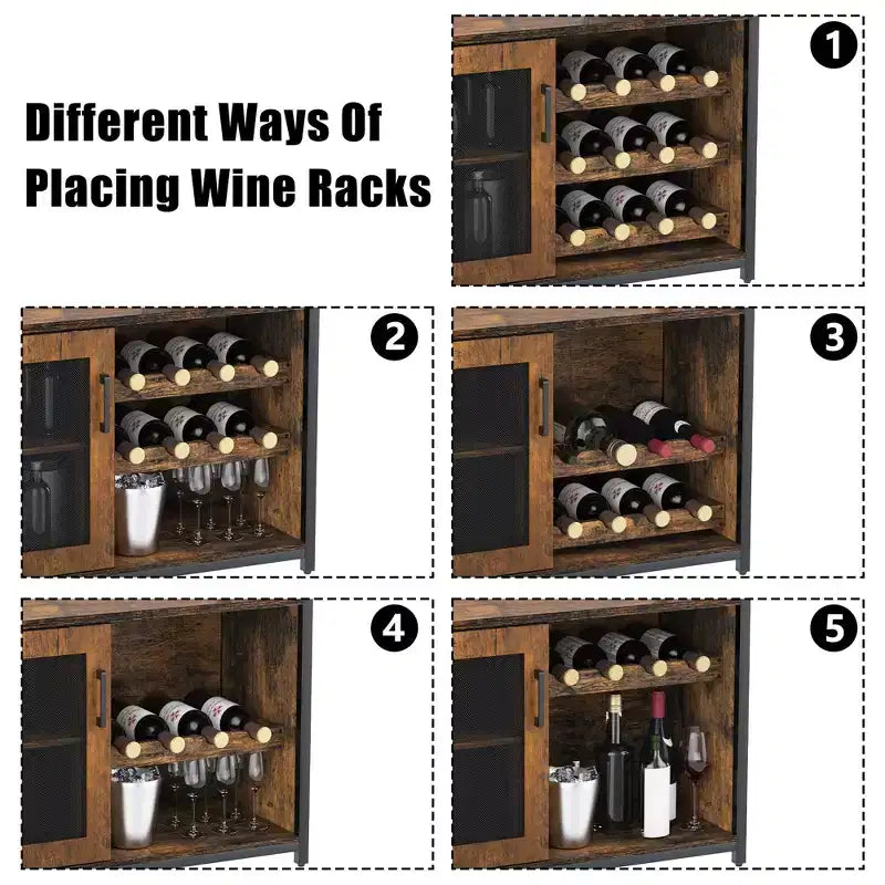 Mobile Bar a 3 Livelli con Portabottiglie e Porta Bicchieri Regolabili, Credenza Moderna con Ante Chiudibili a Chiave