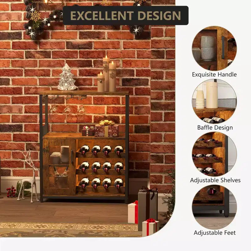 Mobile Bar a 3 Livelli con Portabottiglie e Porta Bicchieri Regolabili, Credenza Moderna con Ante Chiudibili a Chiave