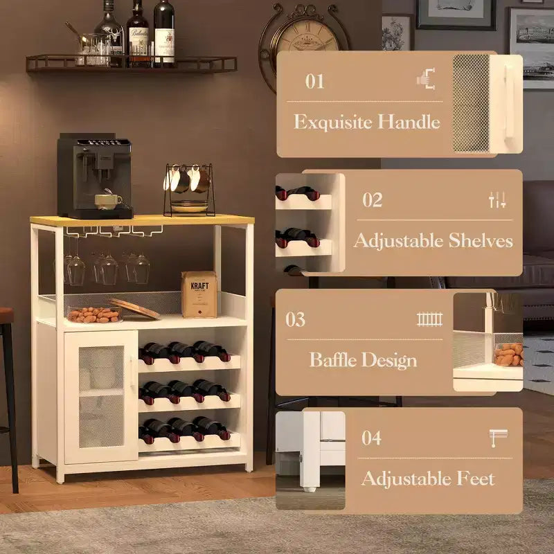 Mobile Bar a 3 Livelli con Portabottiglie e Porta Bicchieri Regolabili, Credenza Moderna con Ante Chiudibili a Chiave