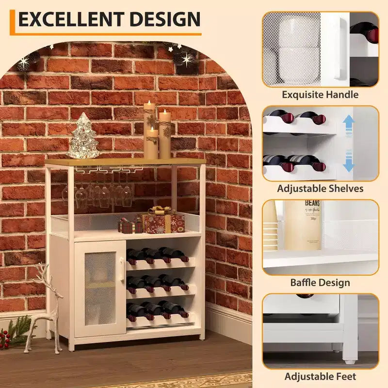Mobile Bar a 3 Livelli con Portabottiglie e Porta Bicchieri Regolabili, Credenza Moderna con Ante Chiudibili a Chiave