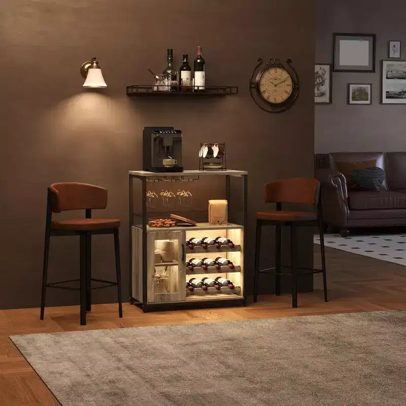 Mobile Bar a 3 Livelli con Portabottiglie e Porta Bicchieri Regolabili, Credenza Moderna con Ante Chiudibili a Chiave
