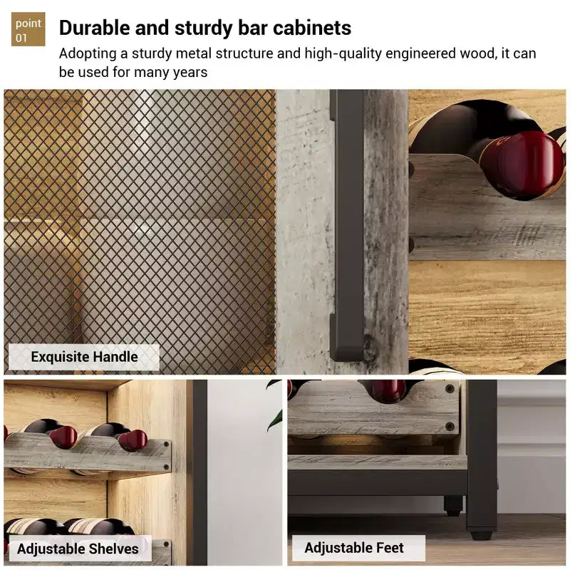 Mobile Bar a 3 Livelli con Portabottiglie e Porta Bicchieri Regolabili, Credenza Moderna con Ante Chiudibili a Chiave