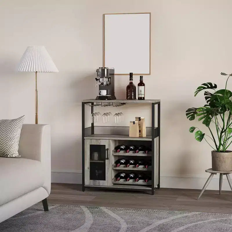 Mobile Bar a 3 Livelli con Portabottiglie e Porta Bicchieri Regolabili, Credenza Moderna con Ante Chiudibili a Chiave