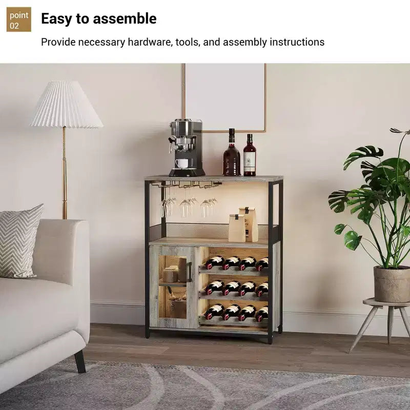 Mobile Bar a 3 Livelli con Portabottiglie e Porta Bicchieri Regolabili, Credenza Moderna con Ante Chiudibili a Chiave