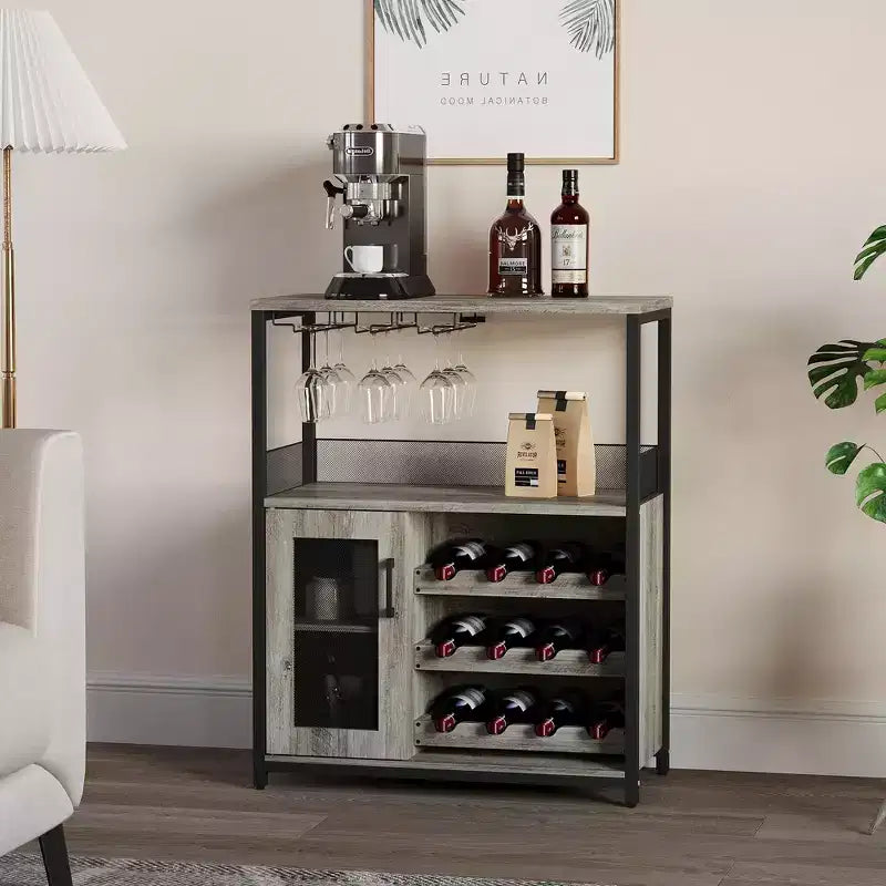 3-Tier Wine Bar Cabinet with Adjustable Wine Rack & Glass Holder, Modern Storage Buffet with Lockable Door