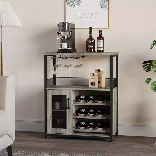3-Tier Wine Bar Cabinet with Adjustable Wine Rack & Glass Holder, Modern Storage Buffet with Lockable Door