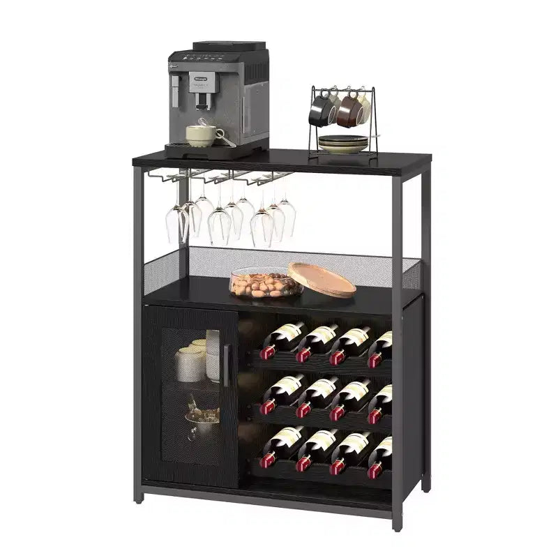 Mobile Bar a 3 Livelli con Portabottiglie e Porta Bicchieri Regolabili, Credenza Moderna con Ante Chiudibili a Chiave