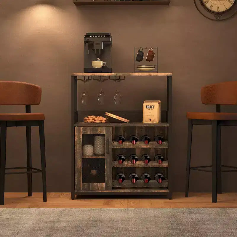 Mobile Bar a 3 Livelli con Portabottiglie e Porta Bicchieri Regolabili, Credenza Moderna con Ante Chiudibili a Chiave