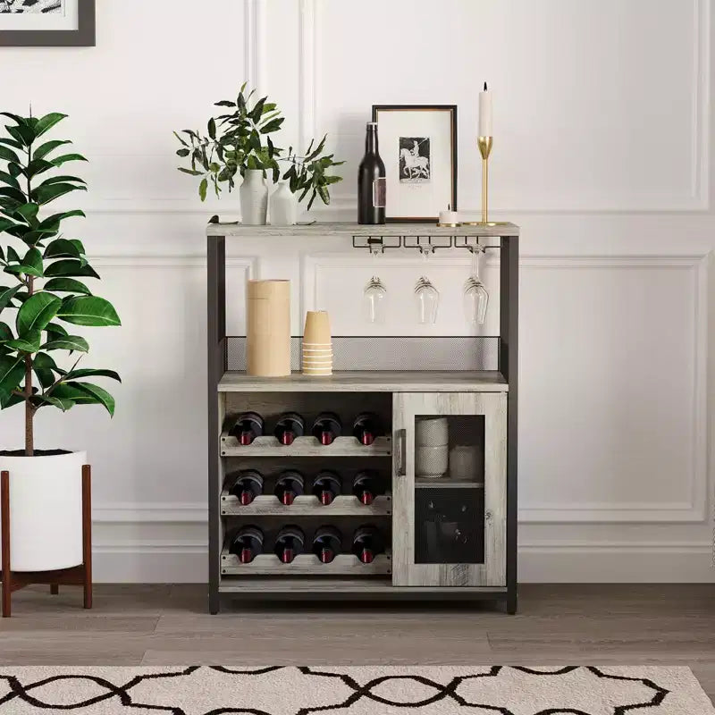 Mobile Bar a 3 Livelli con Portabottiglie e Porta Bicchieri Regolabili, Credenza Moderna con Ante Chiudibili a Chiave