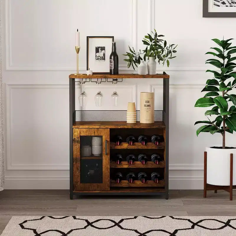Mobile Bar a 3 Livelli con Portabottiglie e Porta Bicchieri Regolabili, Credenza Moderna con Ante Chiudibili a Chiave