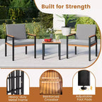 Ensemble de mobilier de patio Costway 3 pièces avec table basse, coussins amovibles, accoudoirs en bois d'acacia Noir/Gris