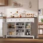 Mobile Buffet da Fattoria da 53.5 pollici con Contenitore, Mobile Contenitore con 3 Cassetti, Portabottiglie Reversibile, Credenza da Fattoria con Ripiano Regolabile