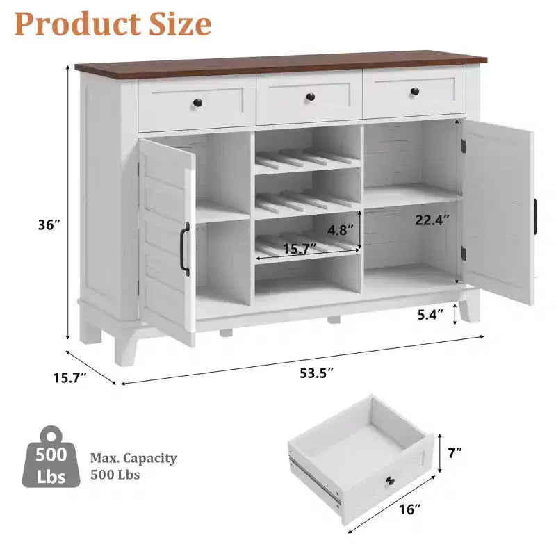 Mobile Buffet da Fattoria da 53.5 pollici con Contenitore, Mobile Contenitore con 3 Cassetti, Portabottiglie Reversibile, Credenza da Fattoria con Ripiano Regolabile
