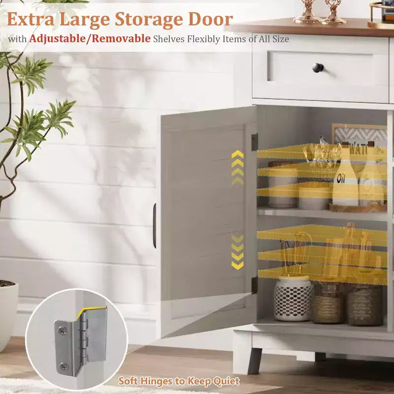 Mobile Buffet da Fattoria da 53.5 pollici con Contenitore, Mobile Contenitore con 3 Cassetti, Portabottiglie Reversibile, Credenza da Fattoria con Ripiano Regolabile