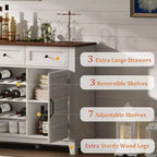 Mobile Buffet da Fattoria da 53.5 pollici con Contenitore, Mobile Contenitore con 3 Cassetti, Portabottiglie Reversibile, Credenza da Fattoria con Ripiano Regolabile