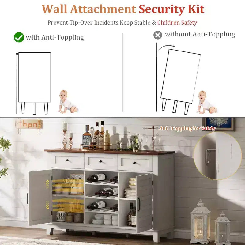 Mobile Buffet da Fattoria da 53.5 pollici con Contenitore, Mobile Contenitore con 3 Cassetti, Portabottiglie Reversibile, Credenza da Fattoria con Ripiano Regolabile