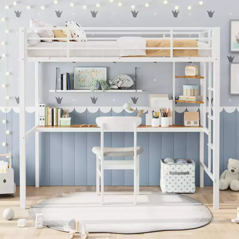 Letto a soppalco singolo con ampia scrivania e ripiani a 2 livelli, letto a soppalco in metallo resistente con scaletta e ringhiera per bambini e adulti