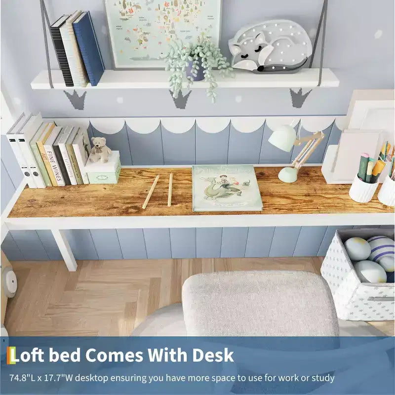 Letto a soppalco singolo con ampia scrivania e ripiani a 2 livelli, letto a soppalco in metallo resistente con scaletta e ringhiera per bambini e adulti