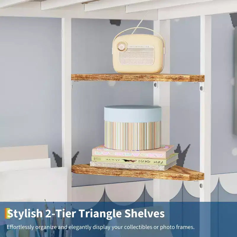 Letto a soppalco singolo con ampia scrivania e ripiani a 2 livelli, letto a soppalco in metallo resistente con scaletta e ringhiera per bambini e adulti