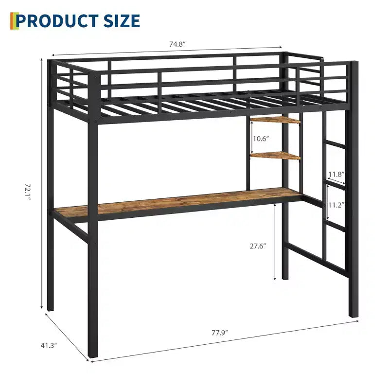 Letto a soppalco singolo con ampia scrivania e ripiani a 2 livelli, letto a soppalco in metallo resistente con scaletta e ringhiera per bambini e adulti