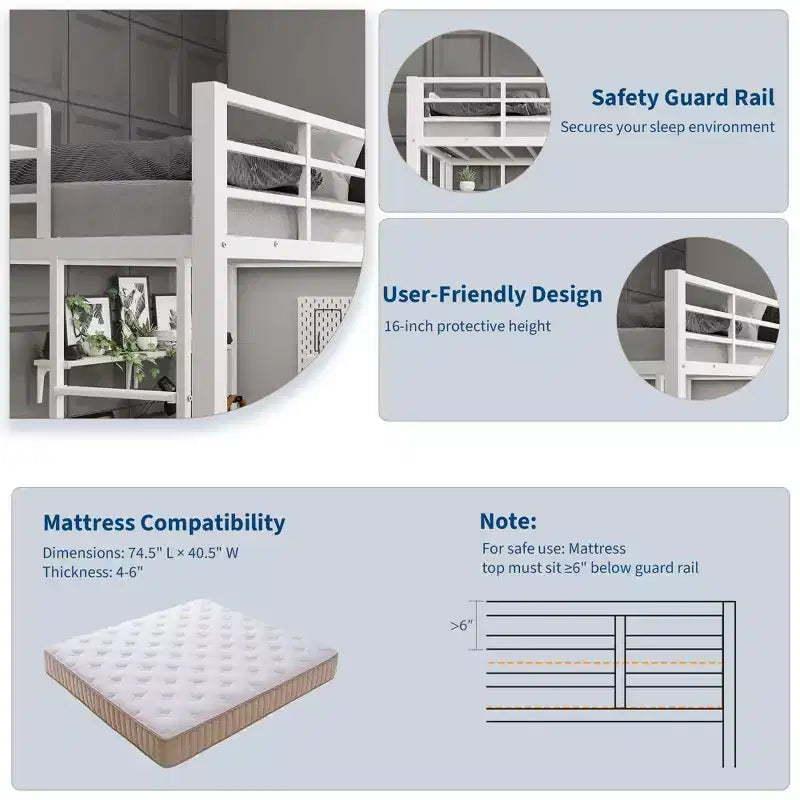 Letto a soppalco singolo con ampia scrivania e ripiani a 2 livelli, letto a soppalco in metallo resistente con scaletta e ringhiera per bambini e adulti