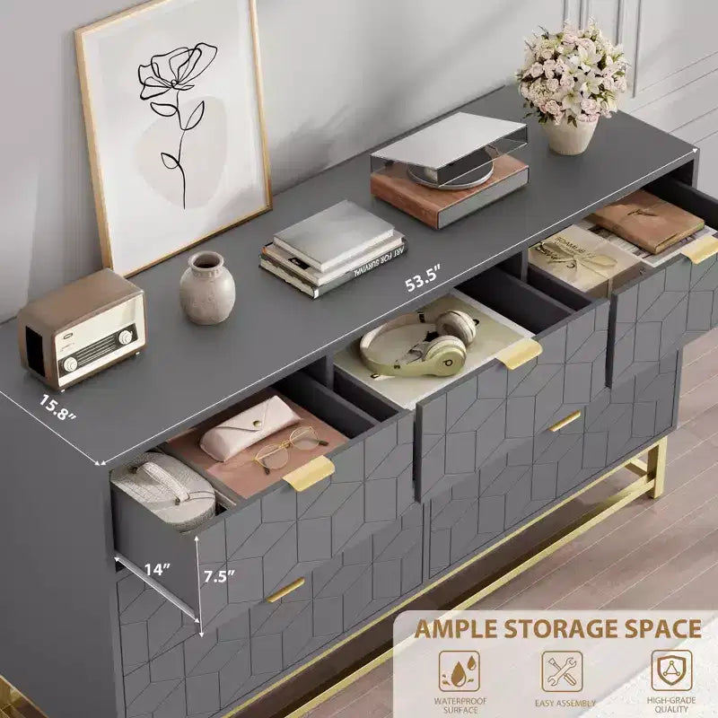 Cassettiera per Camera da Letto, 7 Cassetti con Maniglie e Gambe in Metallo Dorato, Comò Moderno per Armadio